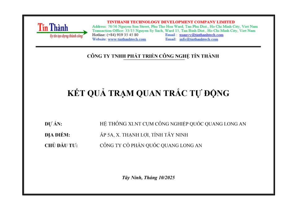 Kết quả quan trắc tự động Cụm Công nghiệp Quốc Quang tháng 10