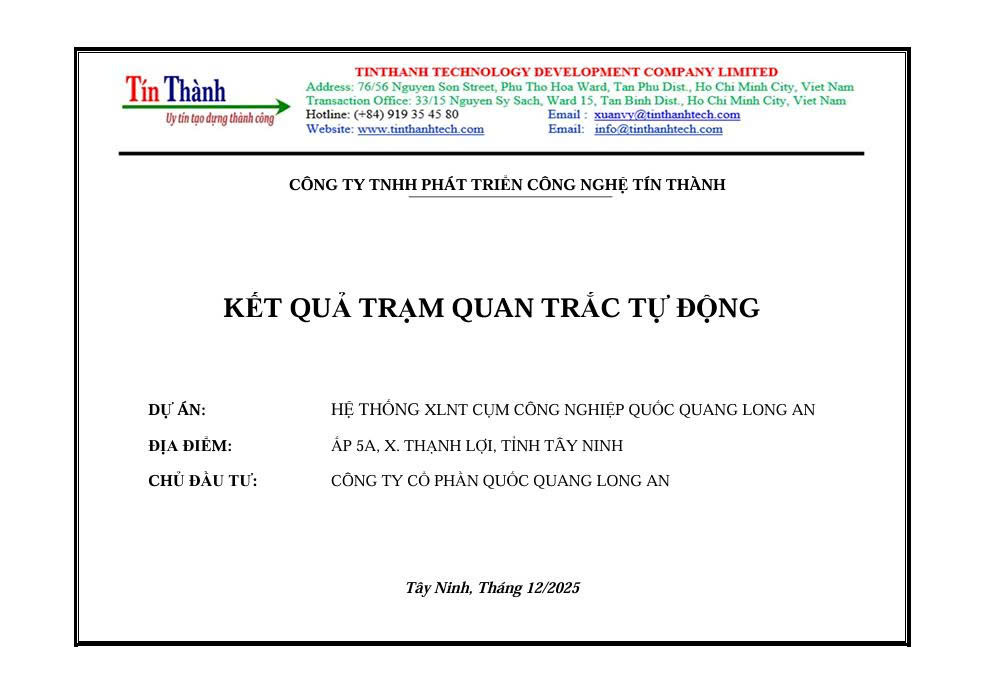 Kết quả báo cáo quan trắc tự động Tháng 12/2025