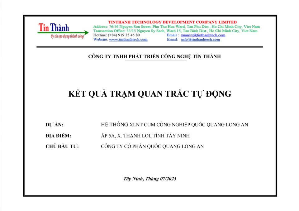 Kết quả báo cáo quan trắc tự động tháng 7