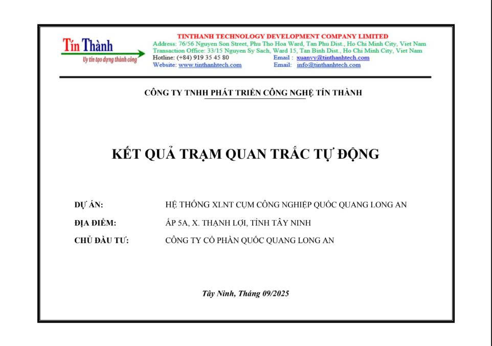 Kết quả báo cáo quan trắc tự động tháng 9