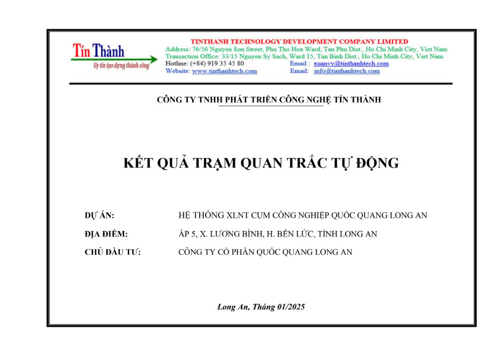 Kết quả quan trắc tự động Cụm Công nghiệp Quốc Quang tháng 1
