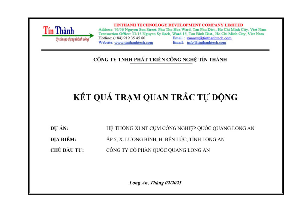 Kết quả quan trắc tự động Cụm Công nghiệp Quốc Quang tháng 2