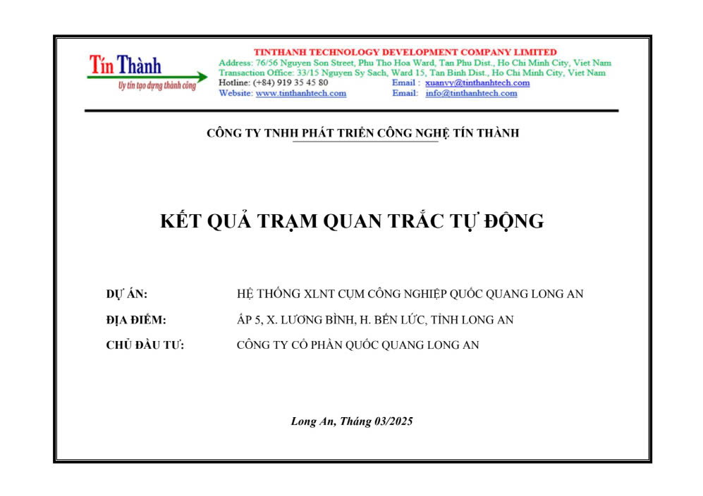 Kết quả quan trắc tự động Cụm Công nghiệp Quốc Quang tháng 3