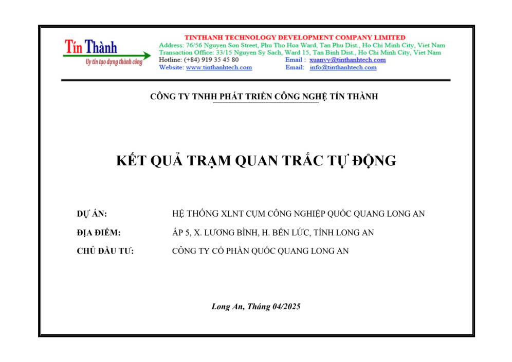 Kết quả quan trắc tự động Cụm Công nghiệp Quốc Quang tháng 4