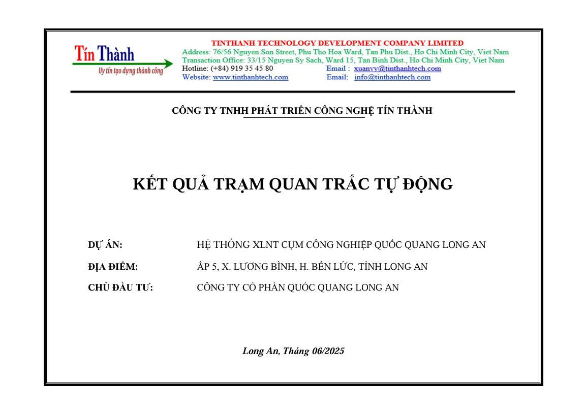 Kết quả báo cáo quan trắc tự động tháng 6