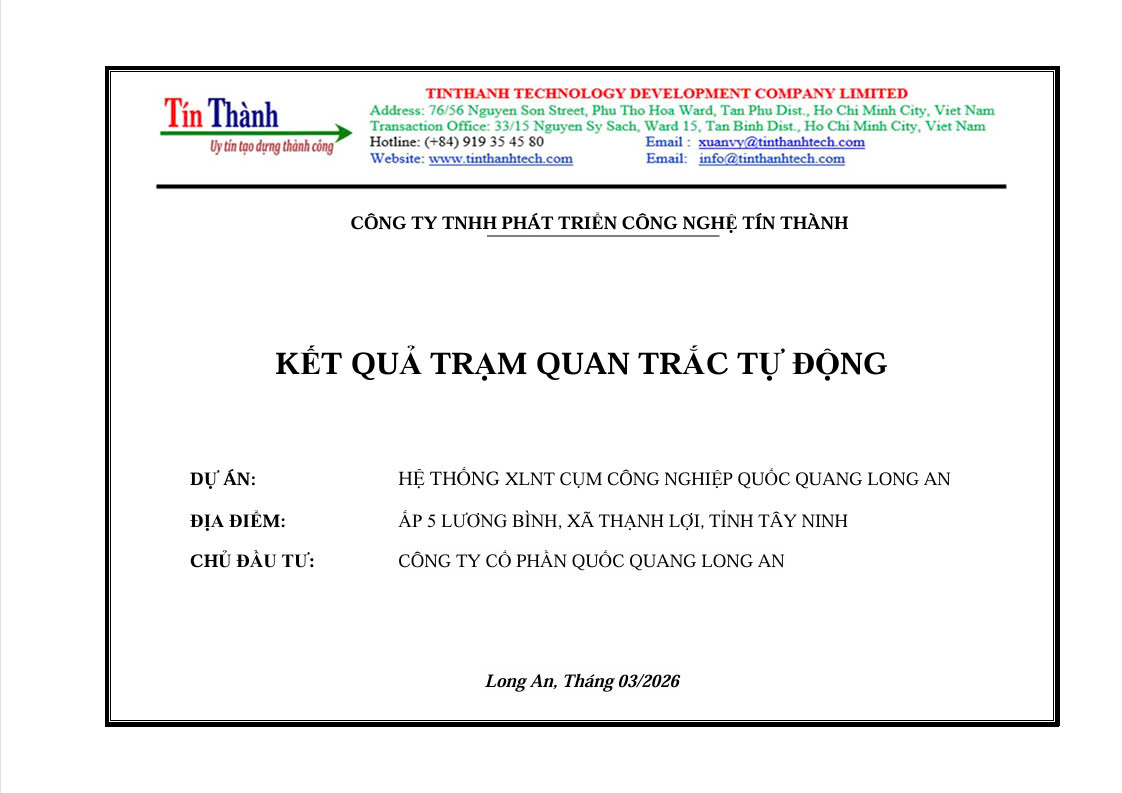 Kết quả báo cáo quan trắc tự động Tháng 3/3026